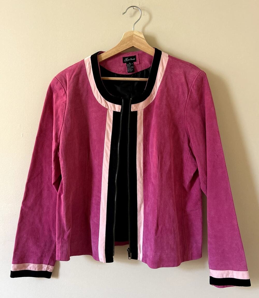 Vintage 90s y2k Pink and Black Full-zip Leather Suede Jacket Women's XL